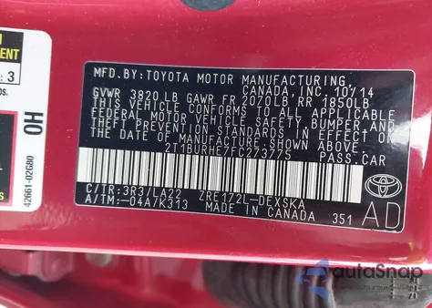 2015 Toyota Corolla S Premium z USA, uszkodzony, nr VIN 2T1BURHE7FC273775